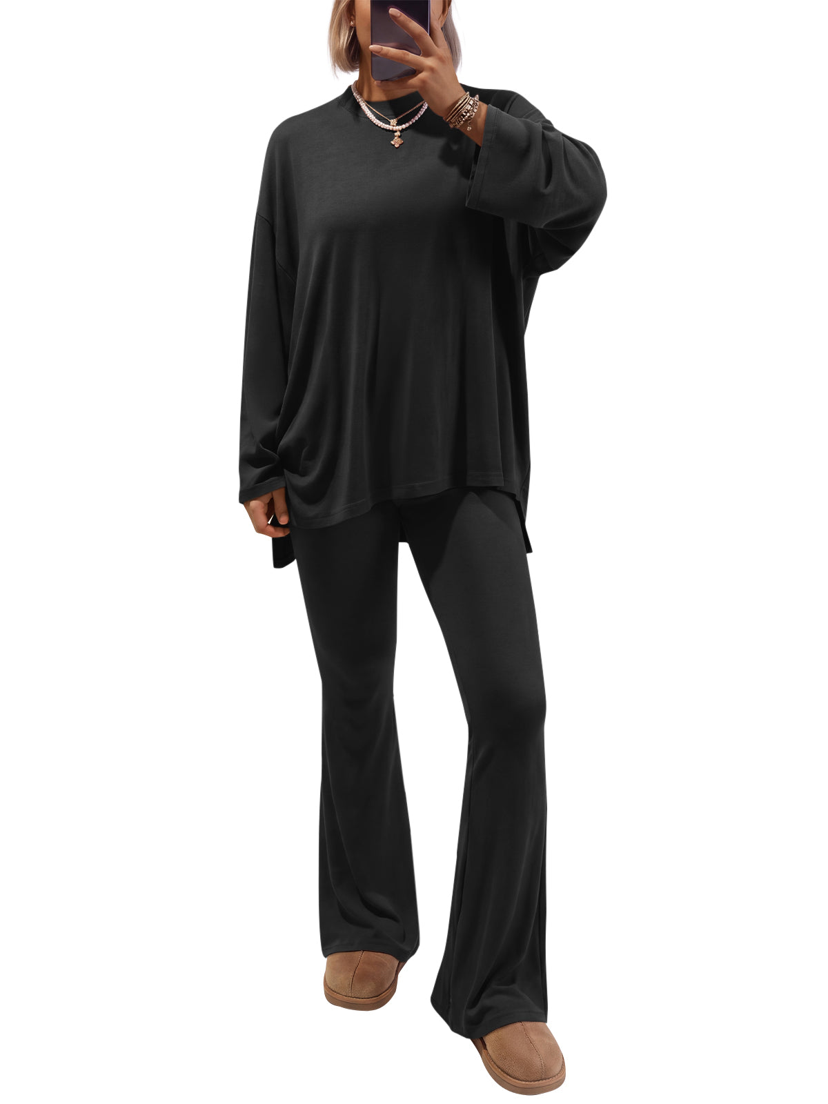 EFAN Women's 2 Piece Long Sleeve Oversized Shirt Flared Pants Lounge Set Fall Fashion Staple, Vacation Travel Outfits, Airport Resort Wear, Athleisure Wardrobe Clothing