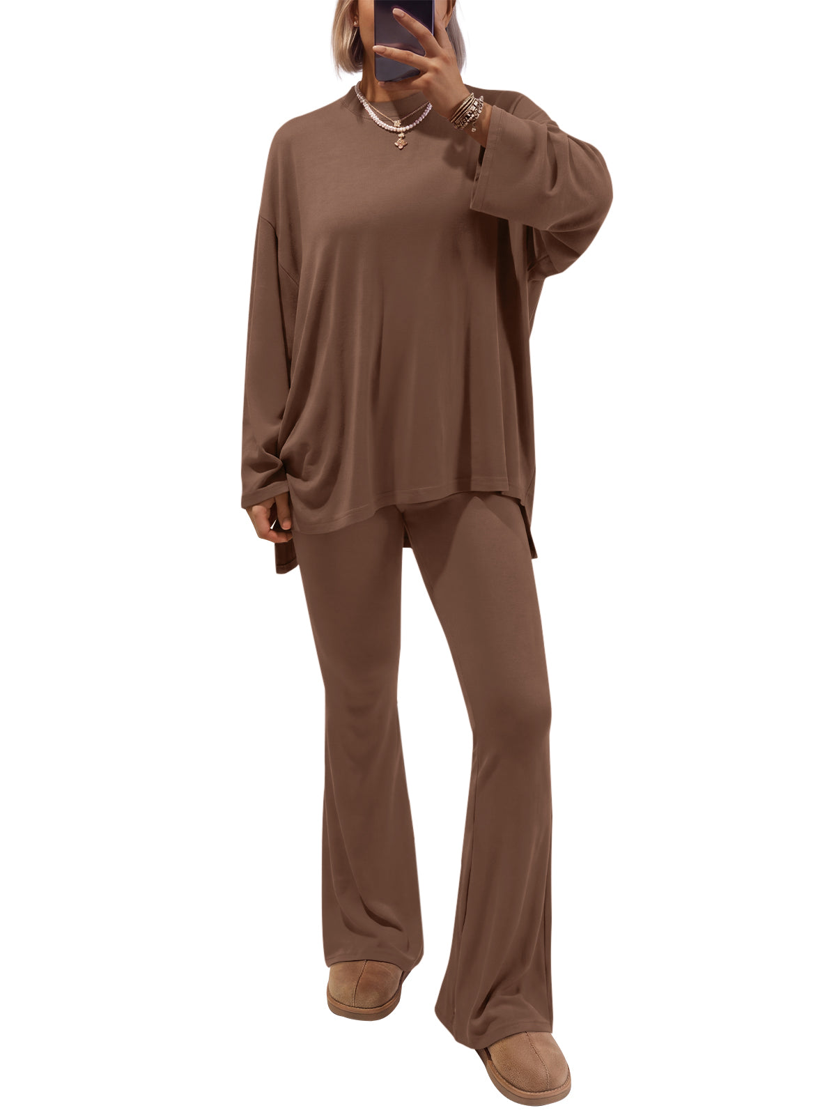 EFAN Women's 2 Piece Long Sleeve Oversized Shirt Flared Pants Lounge Set Fall Fashion Staple, Vacation Travel Outfits, Airport Resort Wear, Athleisure Wardrobe Clothing