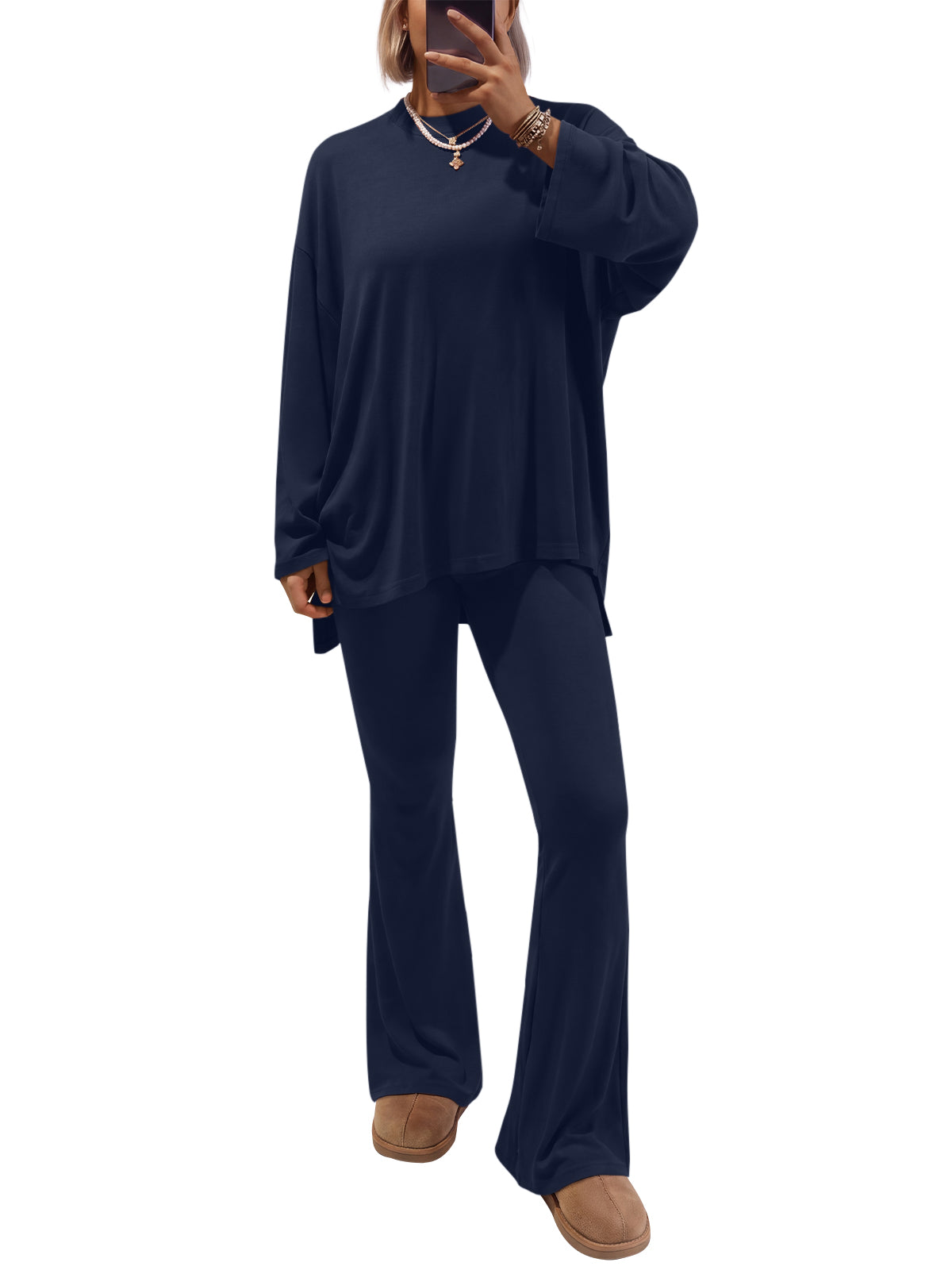 EFAN Women's 2 Piece Long Sleeve Oversized Shirt Flared Pants Lounge Set Fall Fashion Staple, Vacation Travel Outfits, Airport Resort Wear, Athleisure Wardrobe Clothing
