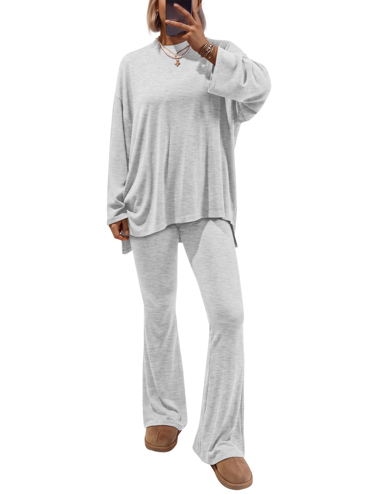 EFAN Women's 2 Piece Long Sleeve Oversized Shirt Flared Pants Lounge Set Fall Fashion Staple, Vacation Travel Outfits, Airport Resort Wear, Athleisure Wardrobe Clothing