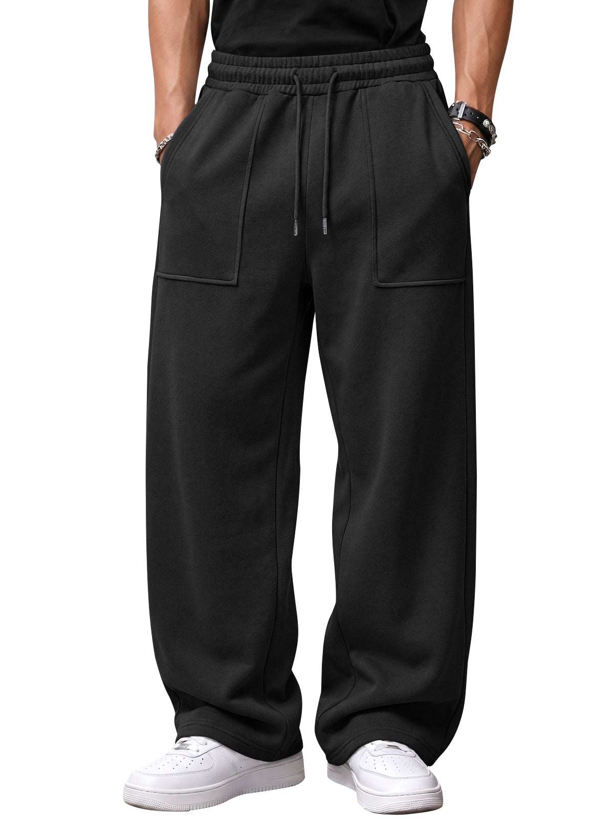 EFAN Mens Wide Leg Sweatpants Baggy Fleece Pants with Patch Pockets Brushed Fleece,Open Hem,Drawstring,Elastic Waist,Fall Fashion