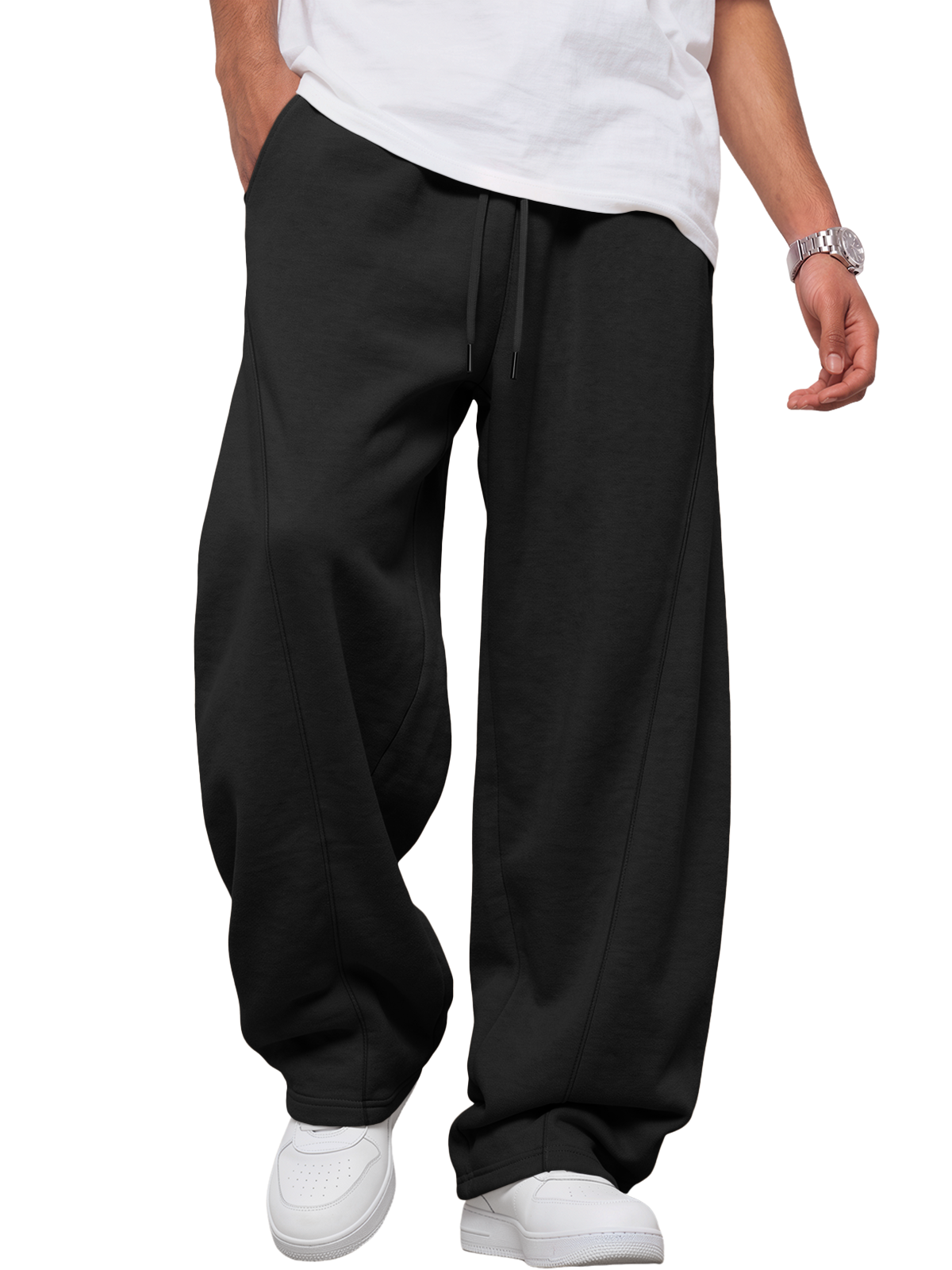EFAN Mens Wide Leg Sweatpants Fleece Lined Baggy Lounge Pants Drawstring Paneled Stitching Detail, Elastic Waistband, Side Pockets, Open Hem