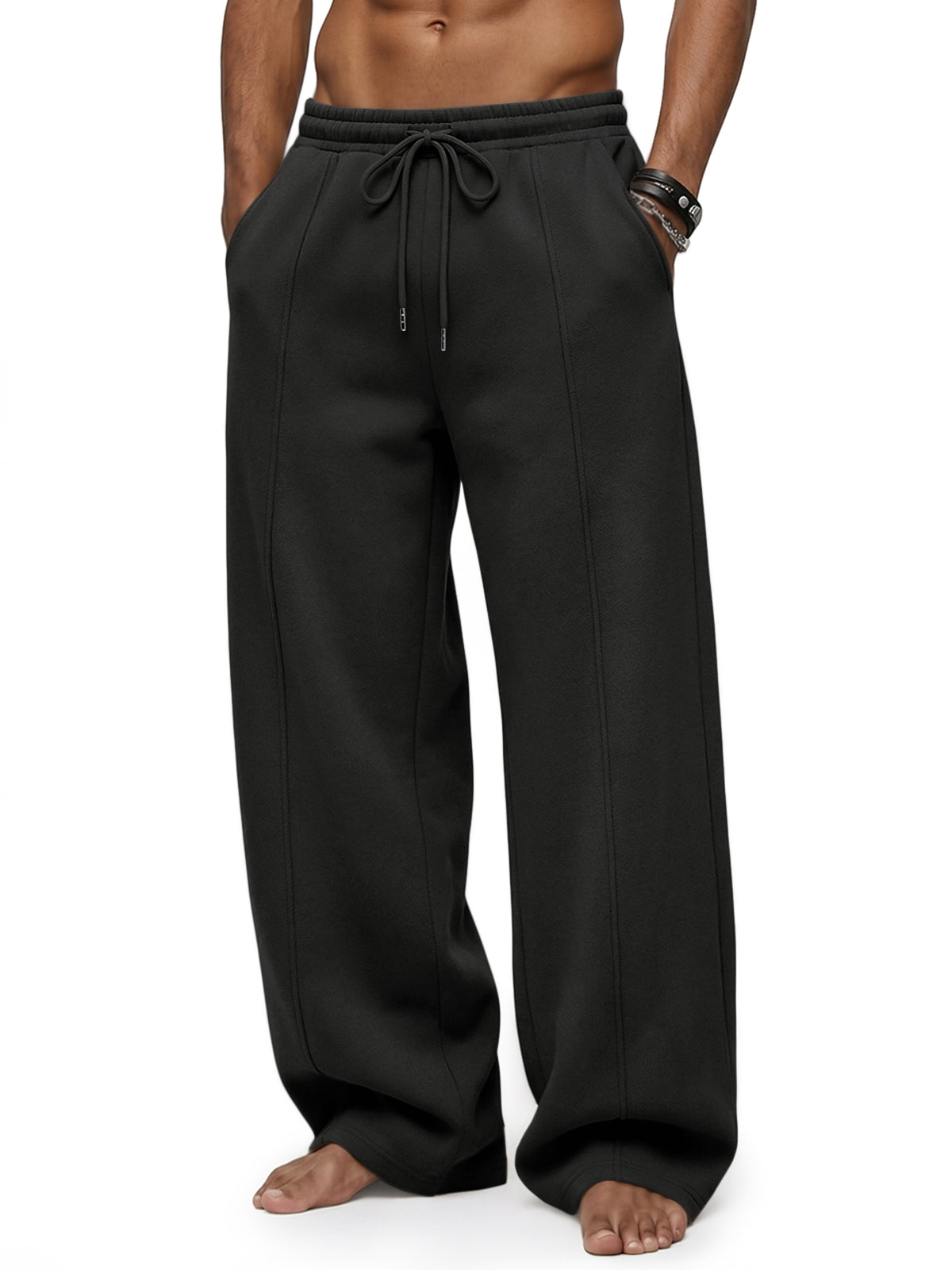 EFAN Mens Wide Leg Baggy Sweatpants Open Bottom Drawstring Pants Curved Panel Stitching,Fleece Lined,Elastic Waistband,Side Pockets
