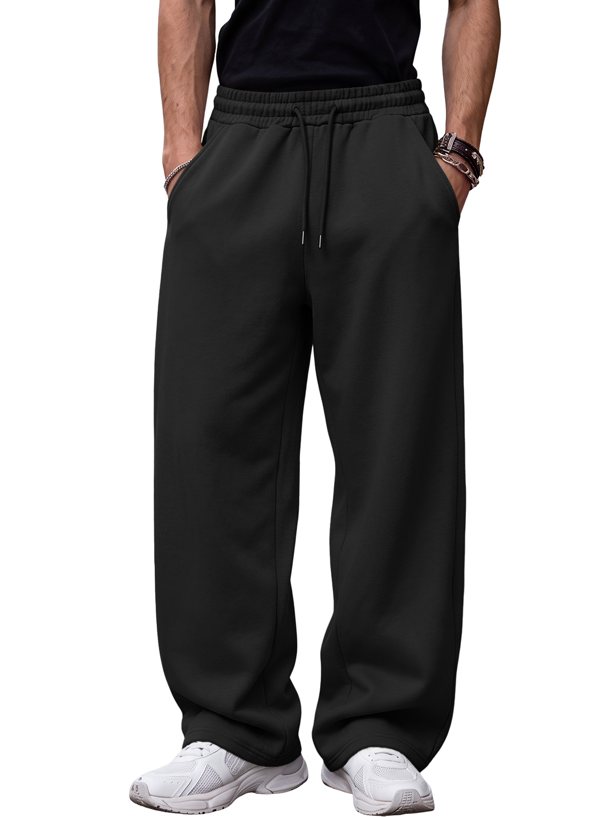 EFAN Men's Wide Leg Sweatpants Fleece Lounge Pants, Drawstring & Pockets Brushed Fleece,Open Bottom,Baggy Streetwear Fit,Side Pockets