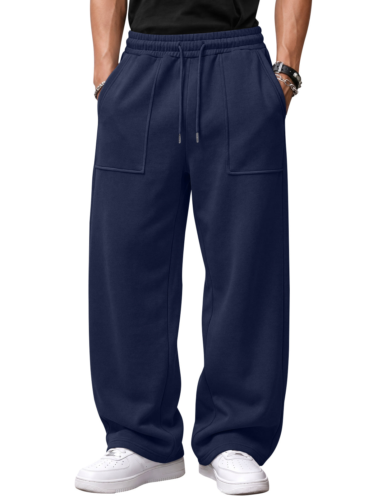 EFAN Mens Wide Leg Sweatpants Baggy Fleece Pants with Patch Pockets Brushed Fleece,Open Hem,Drawstring,Elastic Waist,Fall Fashion