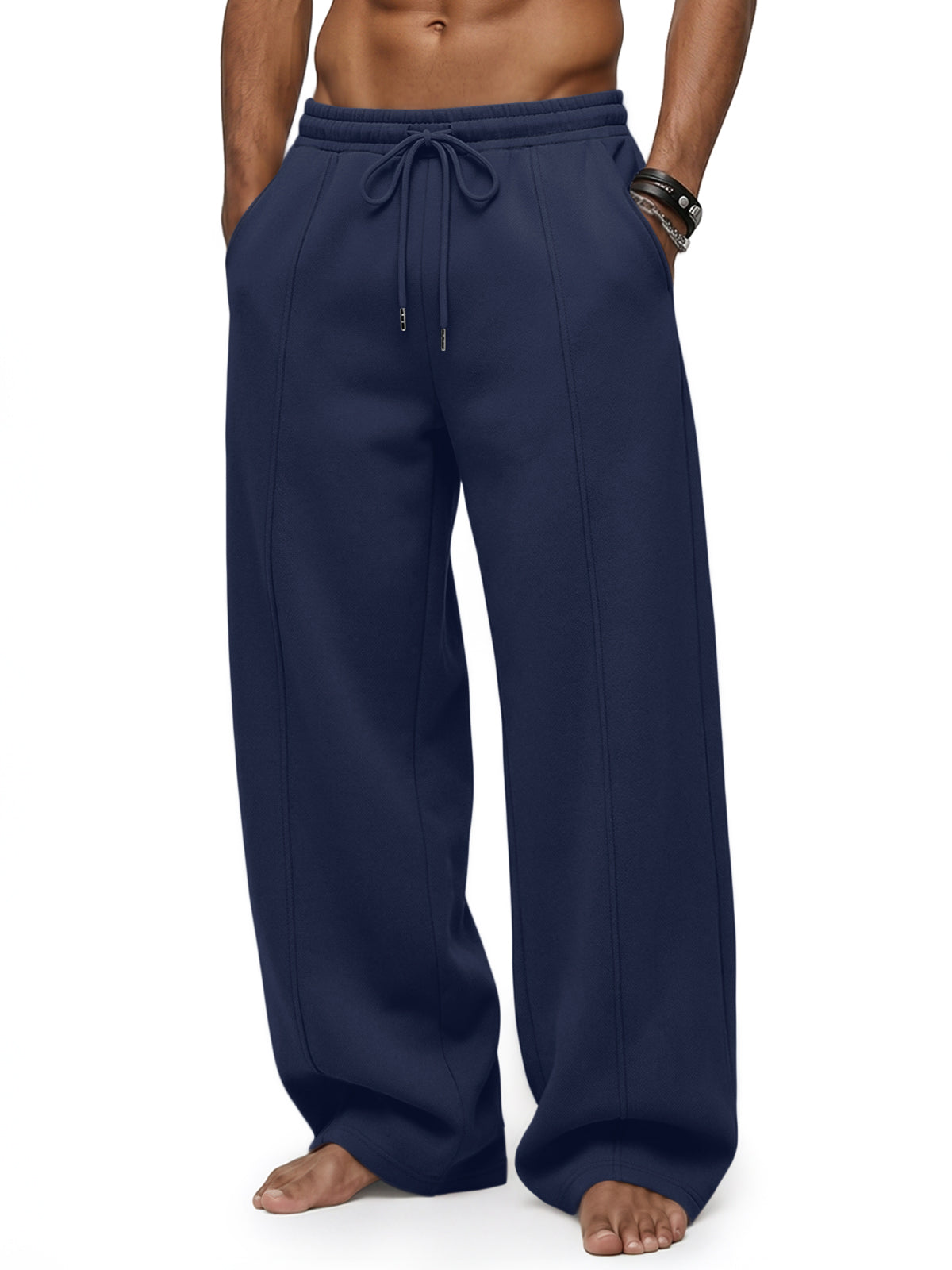 EFAN Mens Wide Leg Baggy Sweatpants Open Bottom Drawstring Pants Curved Panel Stitching,Fleece Lined,Elastic Waistband,Side Pockets