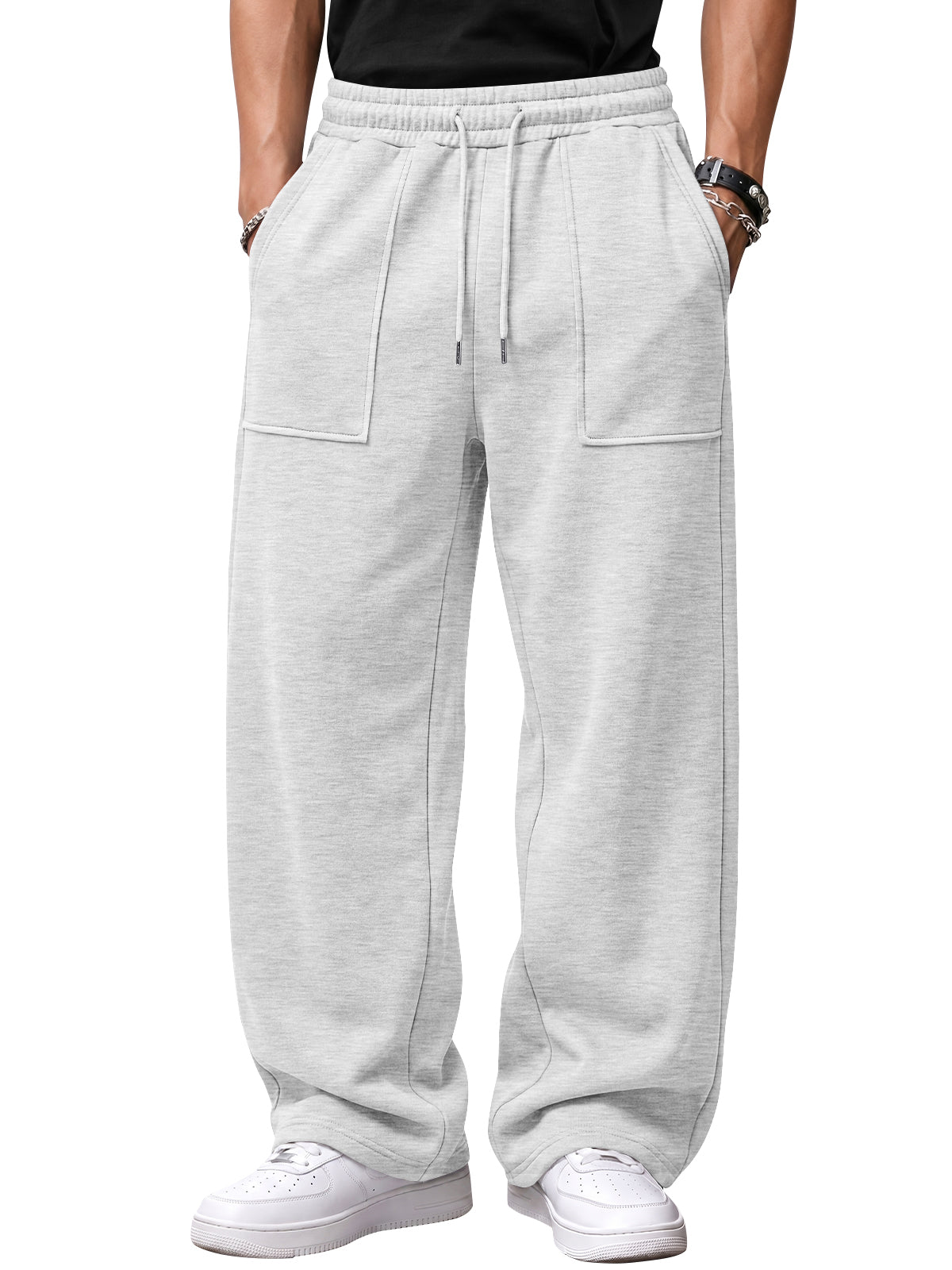 EFAN Mens Wide Leg Sweatpants Baggy Fleece Pants with Patch Pockets Brushed Fleece,Open Hem,Drawstring,Elastic Waist,Fall Fashion