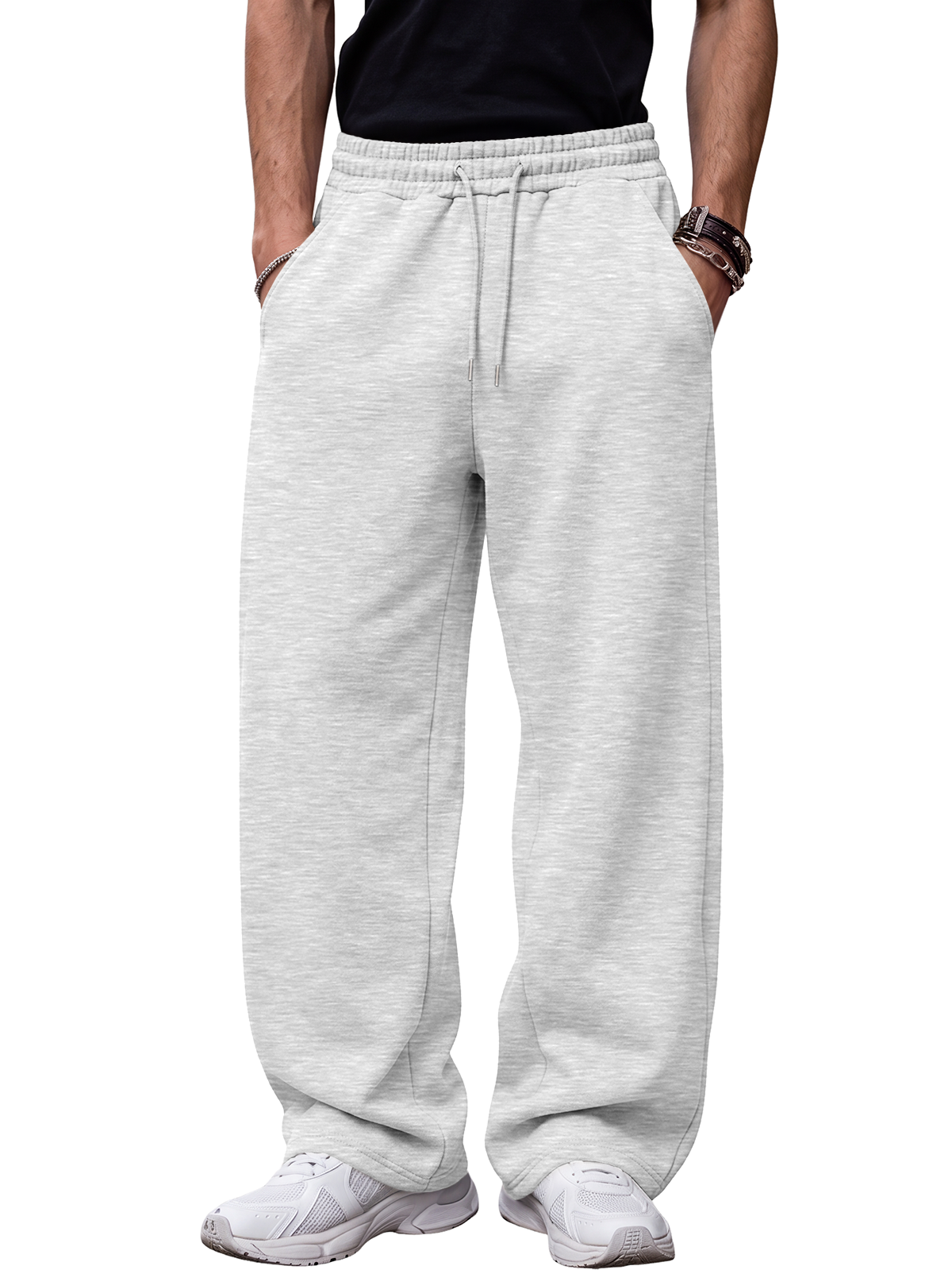 EFAN Men's Wide Leg Sweatpants Fleece Lounge Pants, Drawstring & Pockets Brushed Fleece,Open Bottom,Baggy Streetwear Fit,Side Pockets