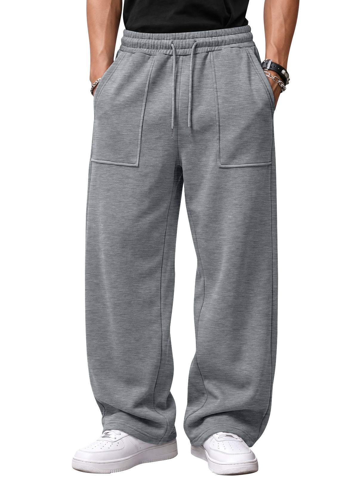 EFAN Mens Wide Leg Sweatpants Baggy Fleece Pants with Patch Pockets Brushed Fleece,Open Hem,Drawstring,Elastic Waist,Fall Fashion