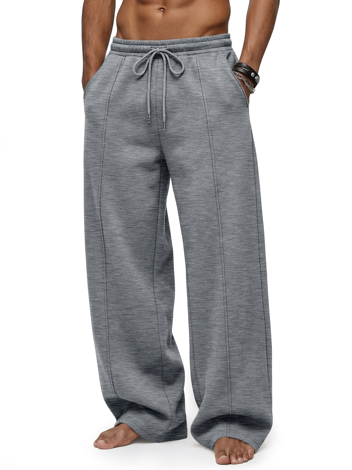 EFAN Mens Wide Leg Baggy Sweatpants Open Bottom Drawstring Pants Curved Panel Stitching,Fleece Lined,Elastic Waistband,Side Pockets